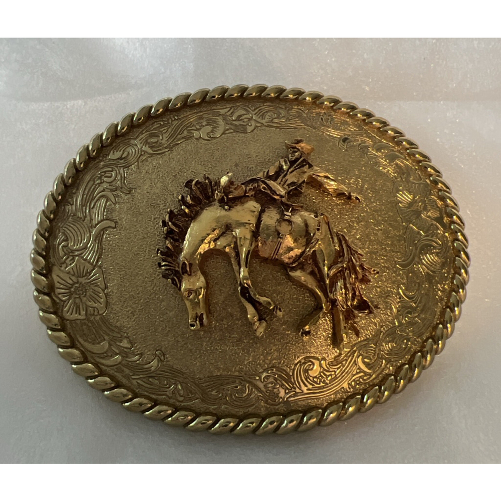Vintage 1976 Bucking Rodeo Horse And Cowboy Belt Buckle By Raintree